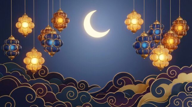 Hanging lanterns with crescent moon and cloud background