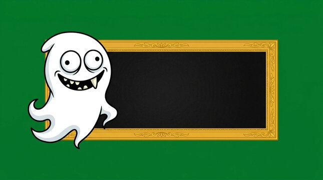 Cartoon ghost peeking beside ornate frame on green background for Halloween design or spooky presentation