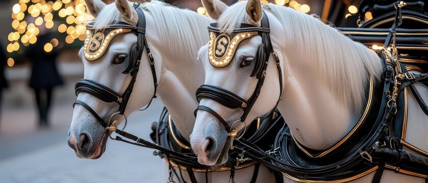 Majestic white horses in ornate harnesses stand ready for a festive carriage ride during a winter celebration surrounded by twinkling lights