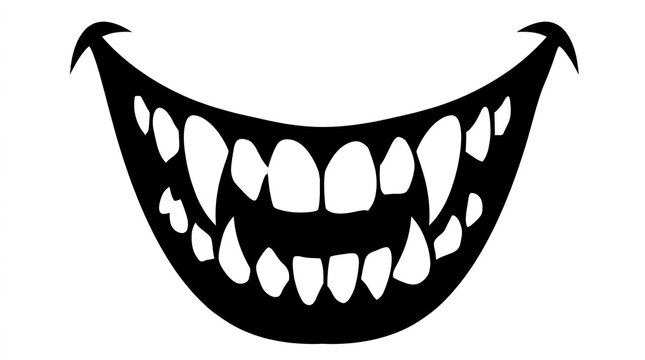 Graphic design of a wide open mouth with sharp teeth and fangs, cartoon style for horror or Halloween themes