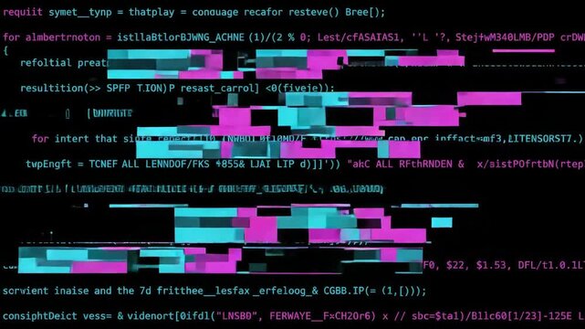 Computer Code with Digital Glitch Effects and Data Corruption Animation. Cinematic Hacker Aesthetic for Cybersecurity Software Error and Programming Background.