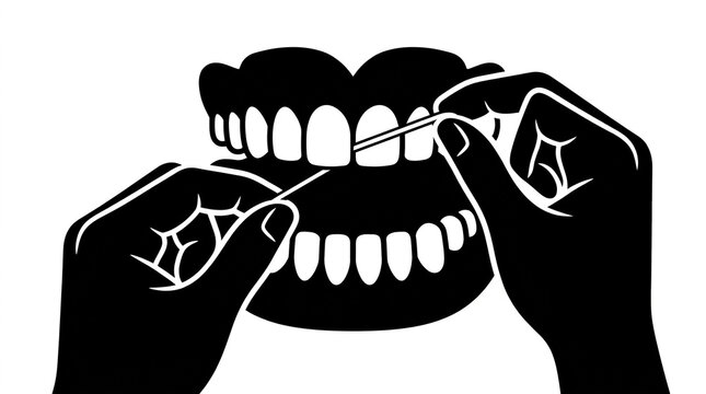 Black and white vector illustration of hands using dental floss between teeth for oral hygiene