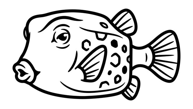 Box Fish Illustration: A whimsical illustration of a box fish with a round body, distinctive spots, and a puckered mouth, captured in a playful, simplified style.