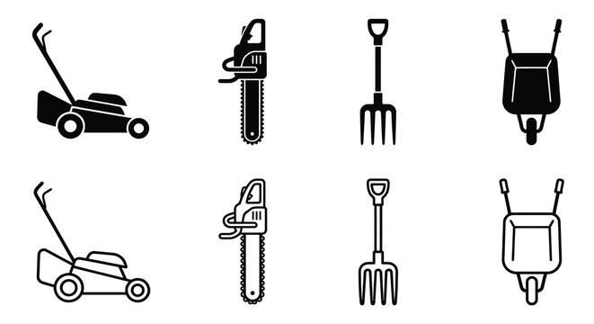 Gardening tools including lawnmower chainsaw and pitchfork in linear silhouette