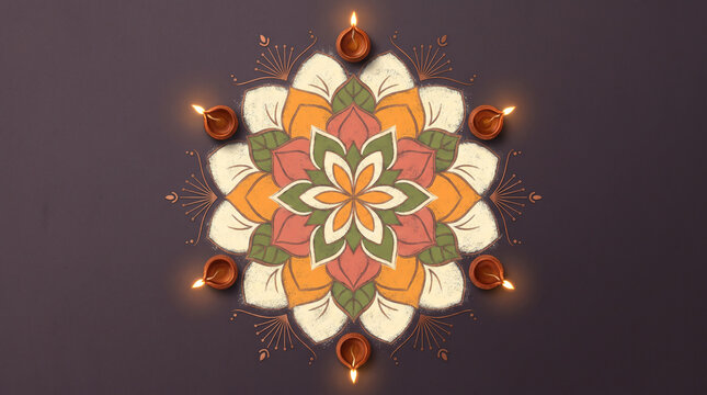 Diwali rangoli with diyas and floral patterns traditional indian festival decoration