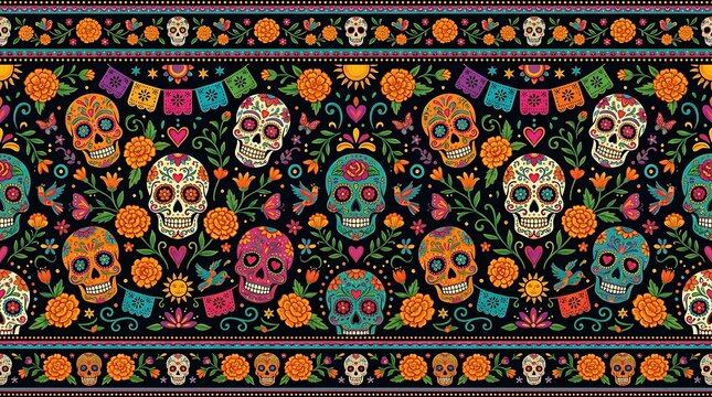 Mexican day of the dead seamless pattern with sugar skulls and orange marigolds