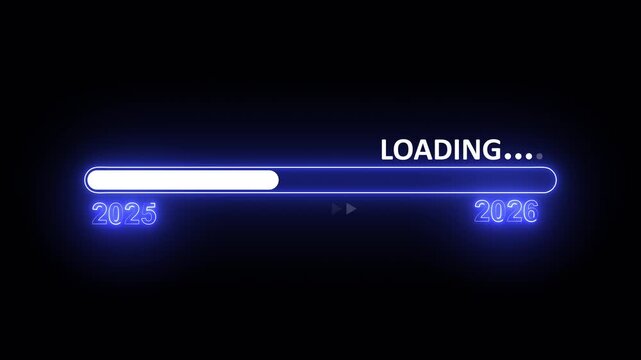 New year 2026 loading bar animation Year changing from 2025 to 2026. Loading bar from 2025 to 2026 new year transfer animation. Almost reaching New Year on black background.