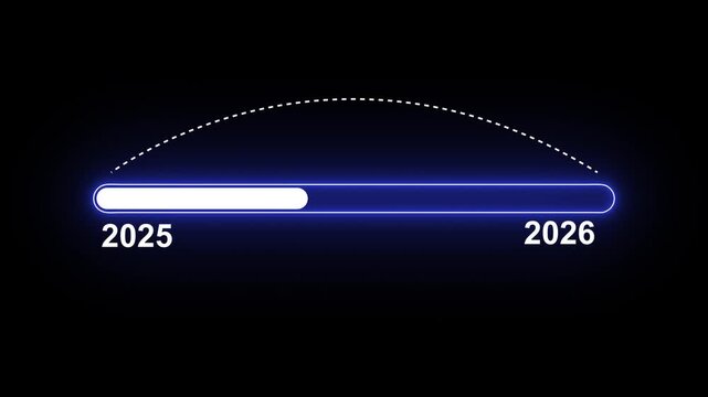 New year 2026 loading bar animation Year changing from 2025 to 2026. Loading bar from 2025 to 2026 new year transfer animation. Almost reaching New Year on black background.