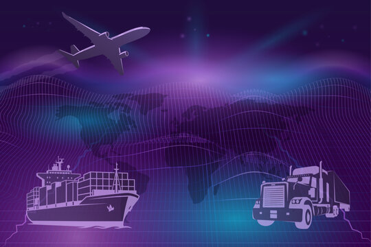 Global logistics digital grid vector background with world map, cargo plane, container ship and delivery truck