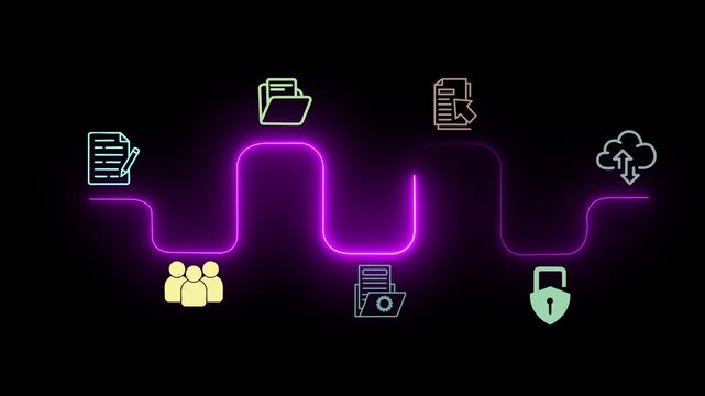 Futuristic glowing neon purple process flow line chart with colorful business icon nodes loop on dark background