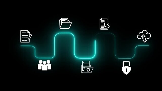 Futuristic glowing neon cyan process flow line chart with business icon nodes loop on dark background
