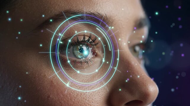 Iris scan technology identifies human eye through biometric recognition, verifying identity with digital security systems for authentication and futuristic cybersecurity access control solutions.