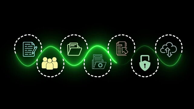 Futuristic glowing neon green wave process timeline with colorful icon nodes loop on dark background