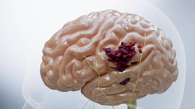 Human Brain Anatomical Model Showing Brain Tumor and Malignant Tissue Damage, Medical Pathology Concept, 3d render