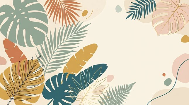 Minimalist abstract summer background template featuring stylish tropical jungle leaves silhouettes with trendy artistic layout perfect for modern poster coverand social media graphics