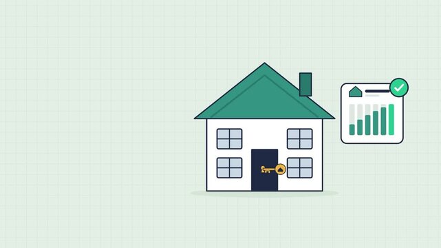 Animated mortgage approval concept showing house with rising credit score chart and key insertion