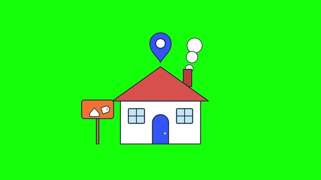 Animated simple vector house with chimney smoke and map indicator popping up on green screen