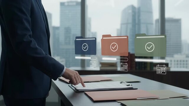 Business management and project organization with document folders, checklist verification, and task scheduling. Professional workflow process for office administration and corporate planning.