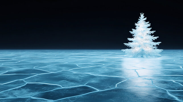 Lone tree on icy expanse under a dark sky.