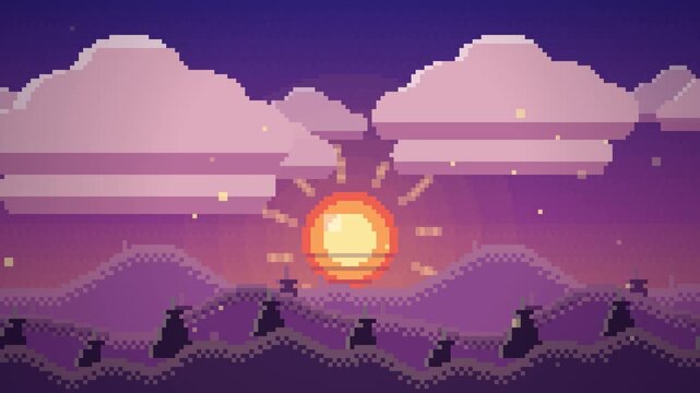 Pixel Art Sunset Loading Animation with Clouds and Birds