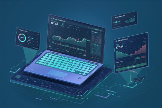 Laptop displaying a financial trading dashboard with market charts and order book panels surrounded by floating analytics on a glowing circuit platform