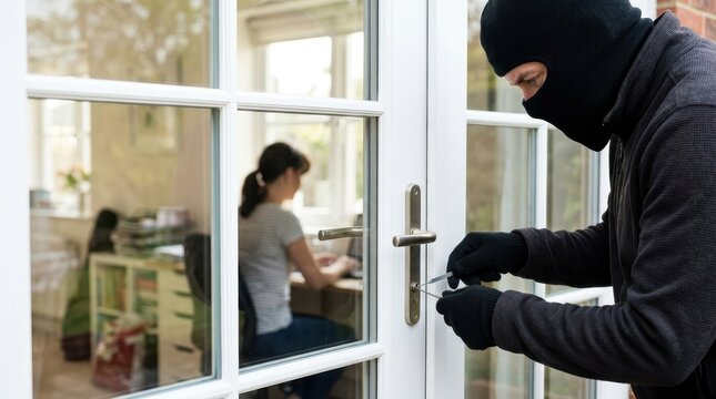 Masked burglar picking lock on glass door while unaware woman works indoors during daytime