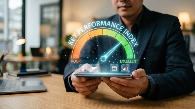 Professional businessman holding smartphone showing key performance index speedometer hologram concept in office environment