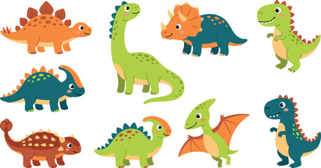 Cute Cartoon Dinosaurs Vector Set Kawaii Prehistoric Dino Characters Tyrannosaurus Rex Stegosaurus Triceratops Brachiosaurus Parasaurolophus Ankylosaurus and Pterodactyl Clipart © monira