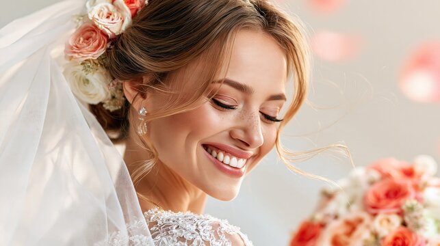 Beautiful bride smiling with floral bouquet and veil