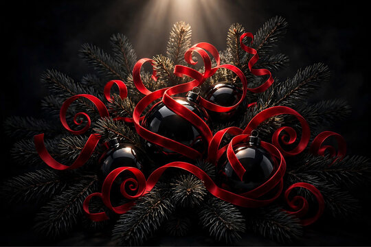 Dramatic Christmas decoration with red ribbons and dark baubles on pine branches, spotlight glow on black background, luxurious festive holiday backdrop
