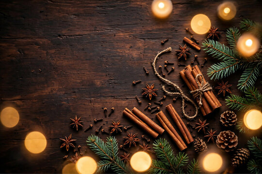 Cozy Christmas flat lay on dark rustic wooden table with pine branches, pinecones, cinnamon sticks and glowing candles, warm holiday background with copy space