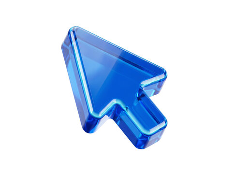 Blue glassy cursor arrow isolated on transparent background for web