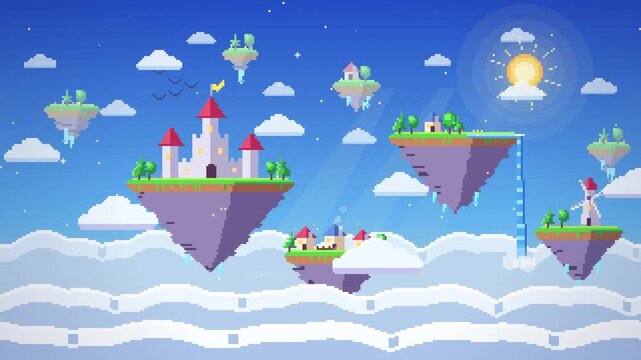 Pixel Art Game Background with Flying Islands and Castle Animated Looping Sky Scene