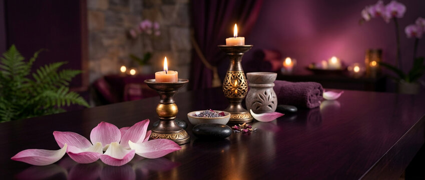 Relaxing Spa Setting: Candles, Lotus Flowers, Stones, and Towel