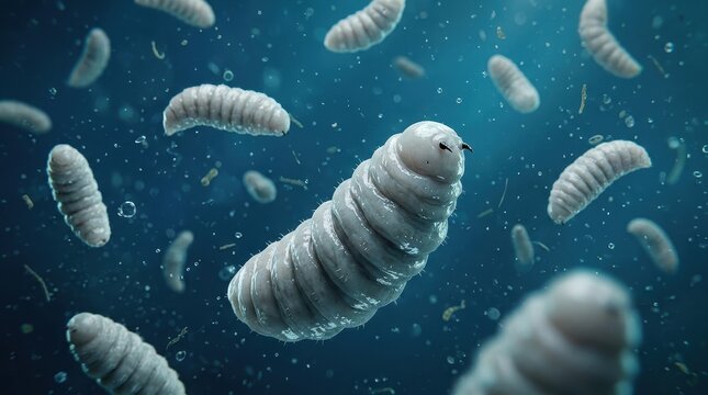 Microscopic white parasites floating in blue liquid during scientific laboratory research experiment