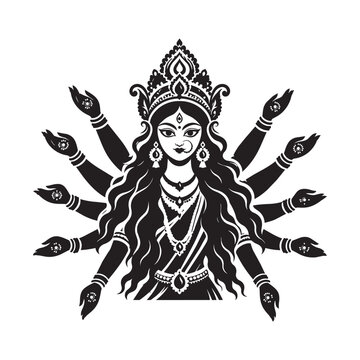 Goddess durga black vector icon with ten hands and crown for happy navratri festival card template.