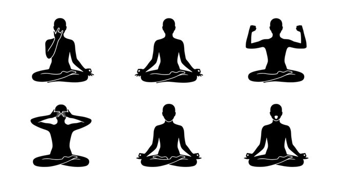 Yoga poses silhouettes set with meditation, breathing exercise and mudra for wellness and calm