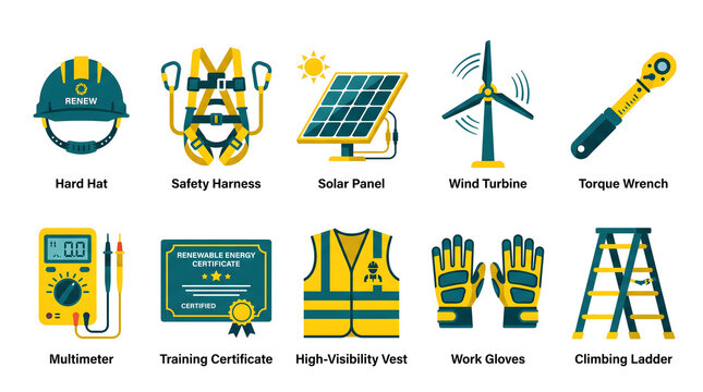 Renewable Energy Technician Equipment Icon Set with Hard Hat, Safety Harness, Solar Panel, Wind Turbine, Multimeter and Torque Wrench