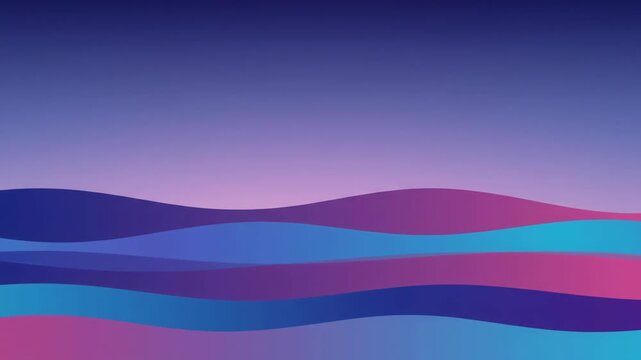 Smooth layered blue and purple waves roll gently beneath a deep gradient sky, creating a calm abstract seascape in minimal flat vector animation.
