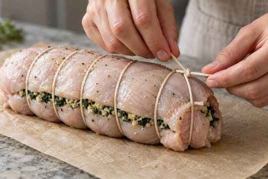 Persona ata con hilo un rollo de carne relleno antes de cocinarlo en la cocina