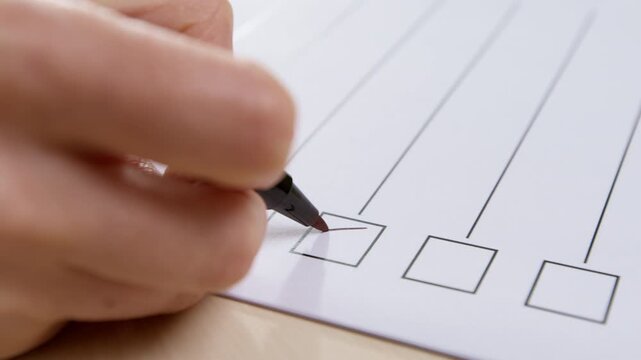 Close-up of a voter's hand marking a choice on a ballot paper with a black pen during an election. Concept of democratic voting, civic duty, and the expression of popular will.