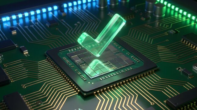 Glowing green checkmark icon floating above a central computer