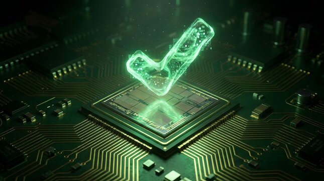 Glowing green checkmark hologram floating above a complex computer