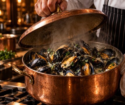 Cocinero abre una olla de cobre con mejillones al vapor en una cocina durante el servicio