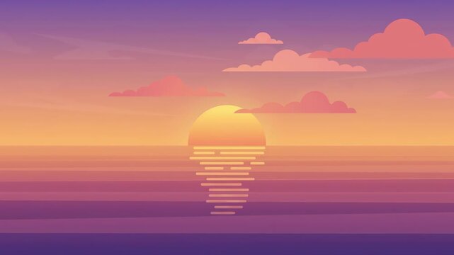 A glowing sun sets over a calm ocean with soft reflections under a purple and orange gradient sky, in a smooth flat vector style animation.
