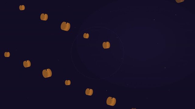 Floating Halloween pumpkins on a dark violet background