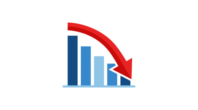 Economic decline illustrated by downward red arrow cutting bar chart