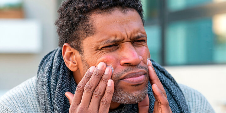 Middle aged man suffering from sensitive facial skin, redness and irritation while touching his cheeks outdoors