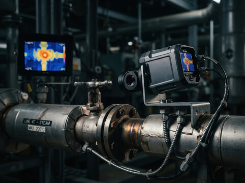 industrial thermal camera monitoring Industrial thermal imaging camera inspecting hot steam pipes in a factory setting