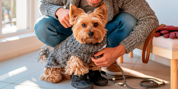 Small yorkshire terrier wearing warm sweater and winter boots while owner prepares pet for a walk at home
